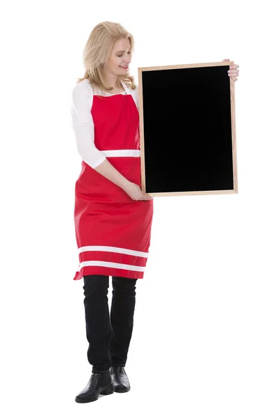Femme blonde portant tablier rouge — Photo