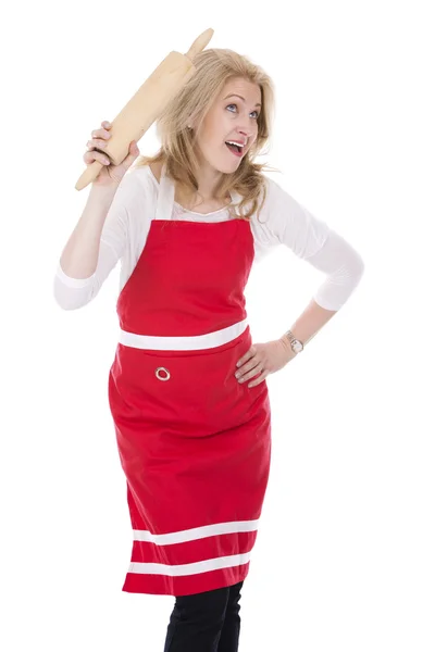 Blond woman wearing red apron — Stock Photo, Image