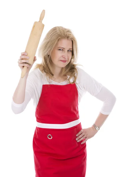 Blond woman wearing red apron — Stock Photo, Image