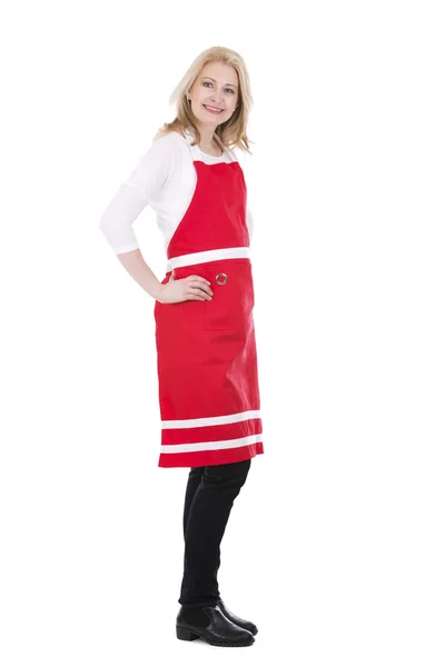 Szőke nő visel piros kötény — Stock Fotó