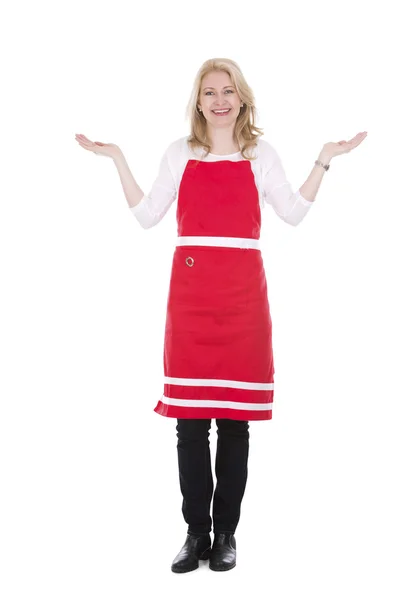 Blond woman wearing red apron — Stock Photo, Image