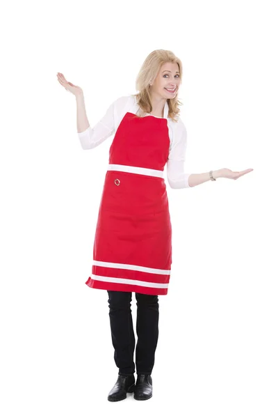 Blond woman wearing red apron — Stock Photo, Image