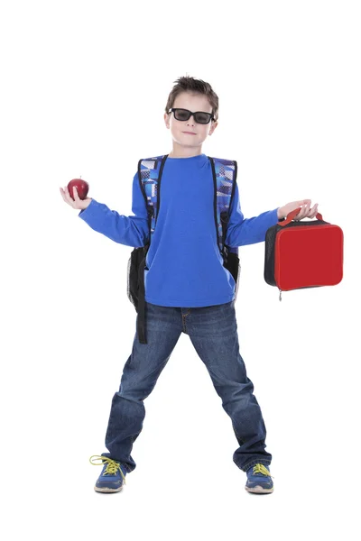 Junge hält Schulessen — Stockfoto