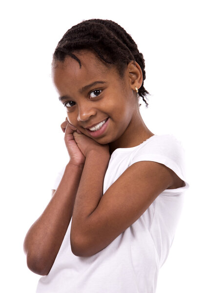 Casual black girl posing on white studio background