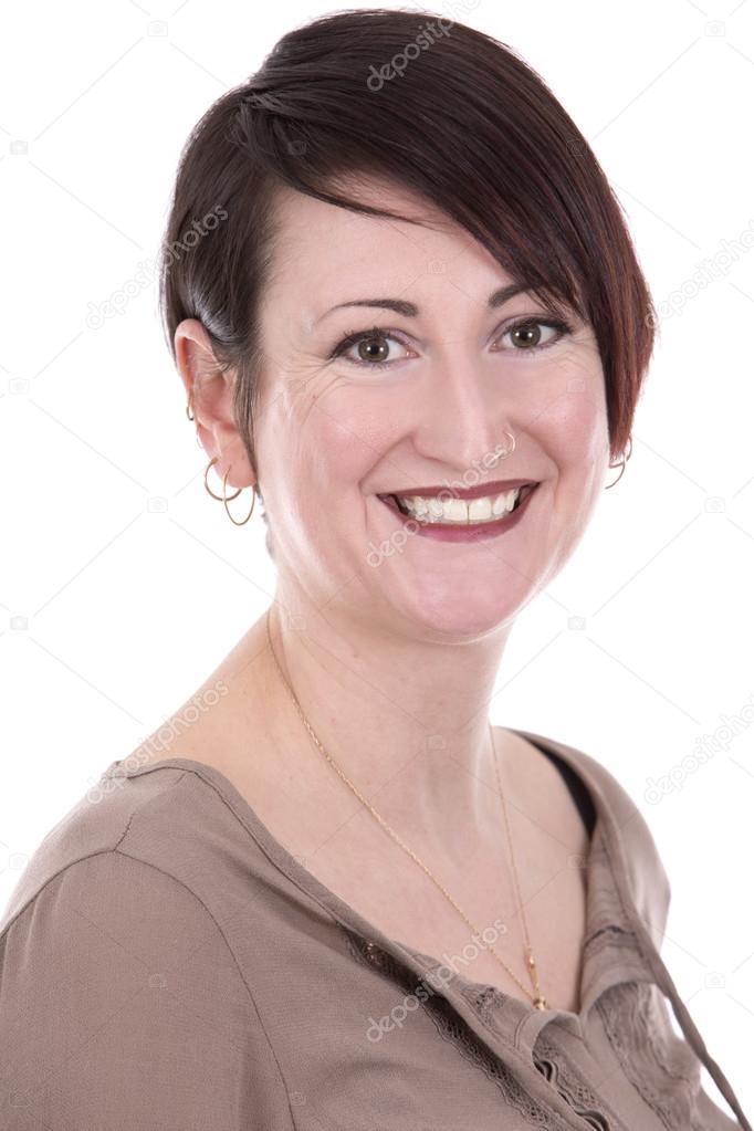 brunette woman on white background