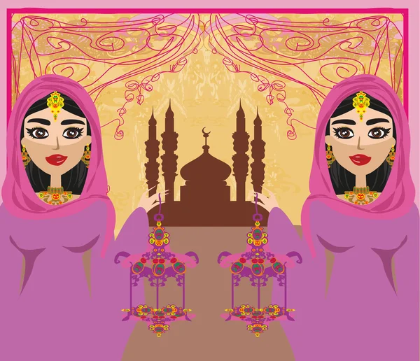 Beautiful muslim women on mosque background. — Stock Vector