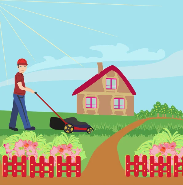 Man mowing the lawn — Stock Vector