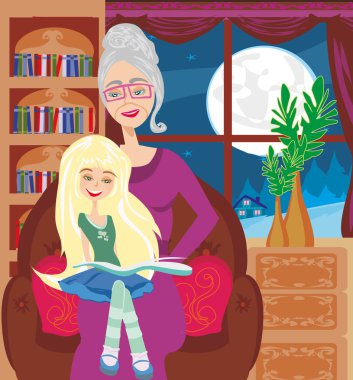 Grandmother is reading a book to her granddaughter clipart