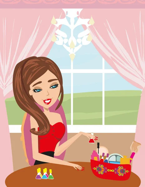 Happy girl painting nails — Stock Vector