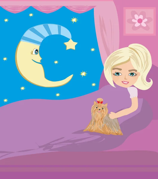 Little girl dreaming in bed at night — Stock Vector