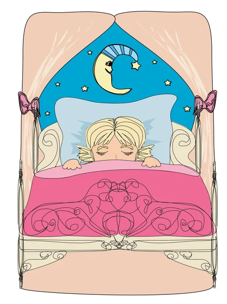 Little girl dreaming in bed at night — Stock Vector