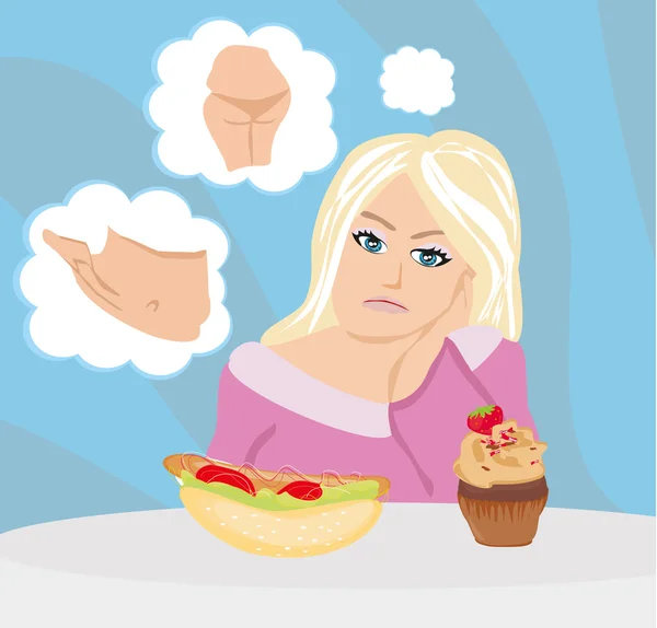 Triste gorda chica en la dieta — Vector de stock