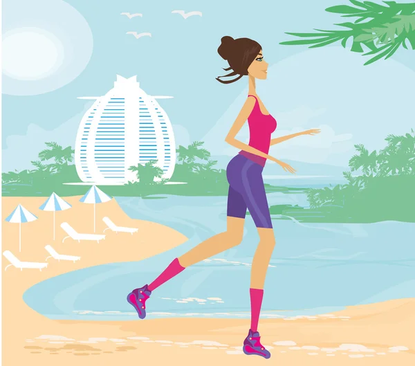 Fitness Mujer corriendo por el océano — Archivo Imágenes Vectoriales