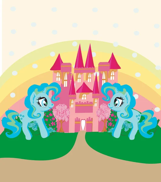 Tarjeta con un lindo arco iris unicornios y castillo de princesa de cuento de hadas — Vector de stock