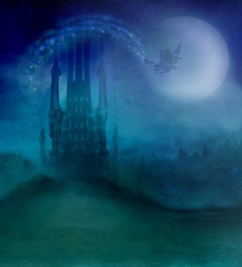 Ay ışığında süpürgede uçan bir cadı.