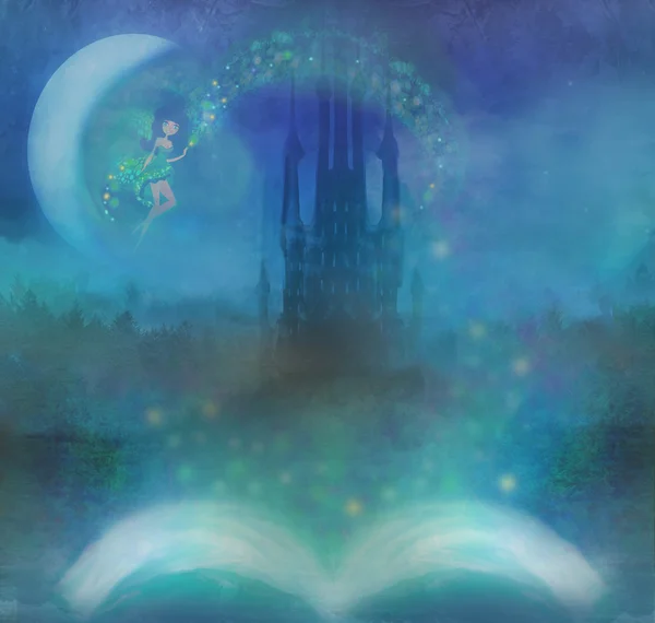 物語の魔法の世界、本から現れる妖精の城 — ストック写真