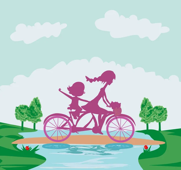 Madre e hija en bicicleta — Vector de stock