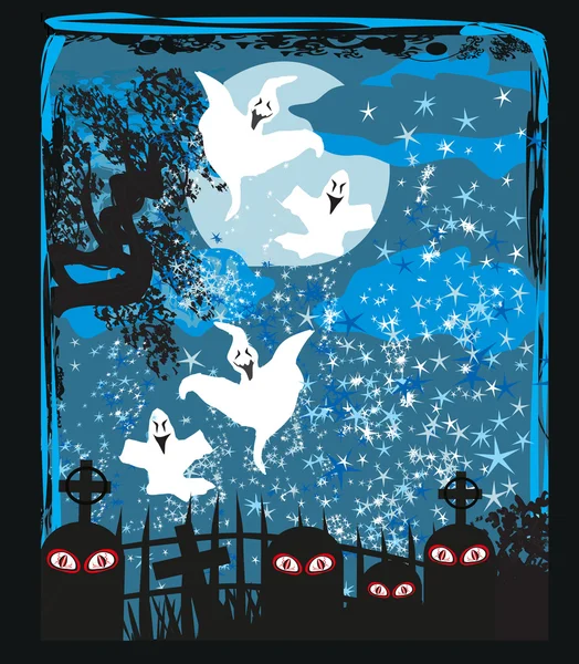 Halloween landskap med spöklik figur och kyrkogård — Stock vektor