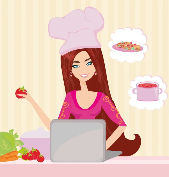 Housewife looking in laptop during dinner — Stock Vector