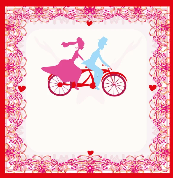 Zaproszenie ślubne z panną młodą i panem młodym jazda tandem rower — Wektor stockowy