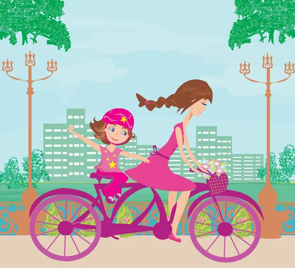 Anne kız bisiklete biniyor. — Stok Vektör