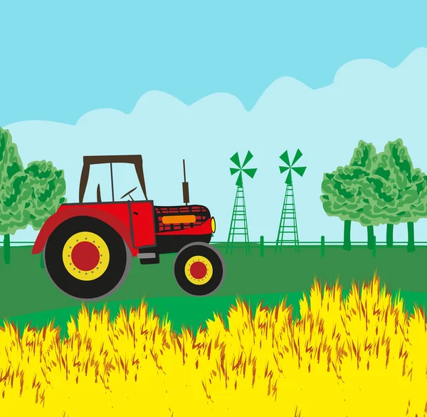 Tractor on rural landscape — Stock Vector