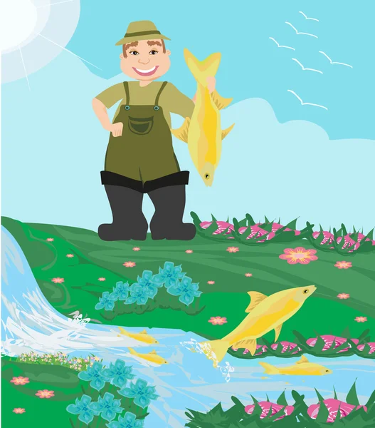 Smiling fisherman caught a fish — Stock Vector