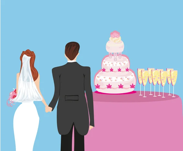 Pastel de boda y un par de recién casados — Archivo Imágenes Vectoriales