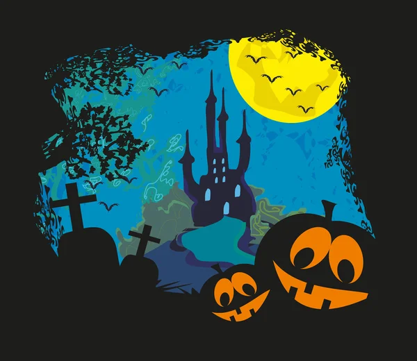 Paysage d'Halloween avec château et cimetière . — Image vectorielle