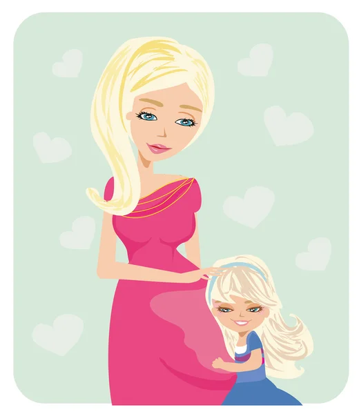 Chica abrazando embarazada madre vientre — Vector de stock