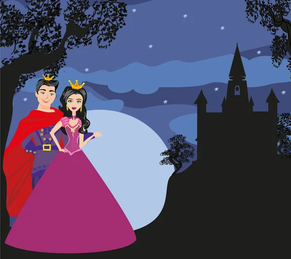 浪漫的情侣公主与王子在晚上 — 图库矢量图片