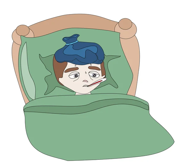 Ilustración de un niño enfermo acostado en la cama — Vector de stock