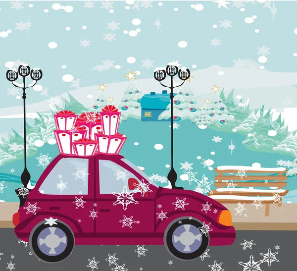 Coche con caja de regalo de Navidad — Vector de stock