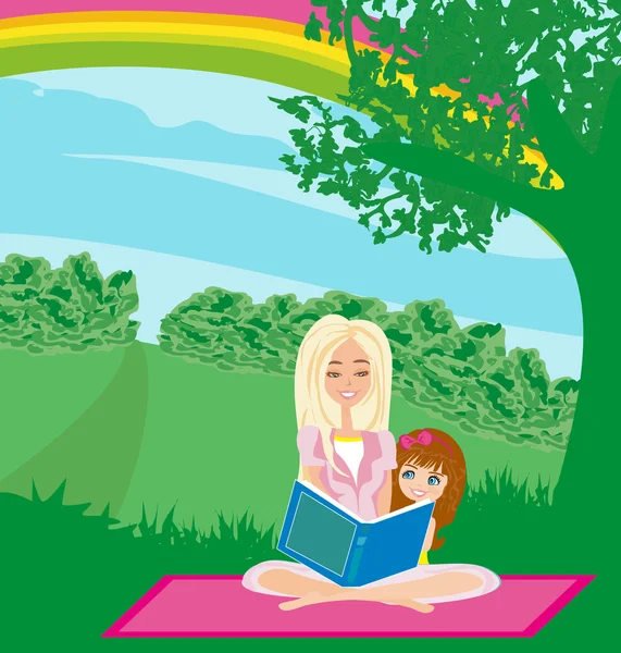 娘と本を読んでる母親 — ストックベクタ