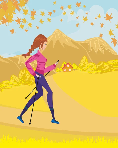 Nordic walking - mujer activa haciendo ejercicio al aire libre — Archivo Imágenes Vectoriales