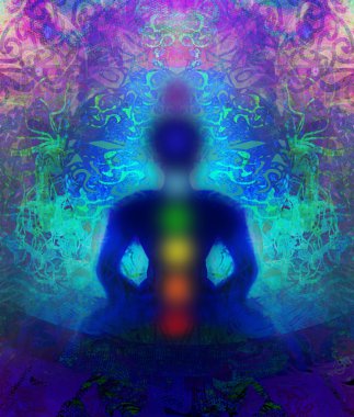 Yoga nilüfer pozu. Renkli çakra noktalı Padmasana. 