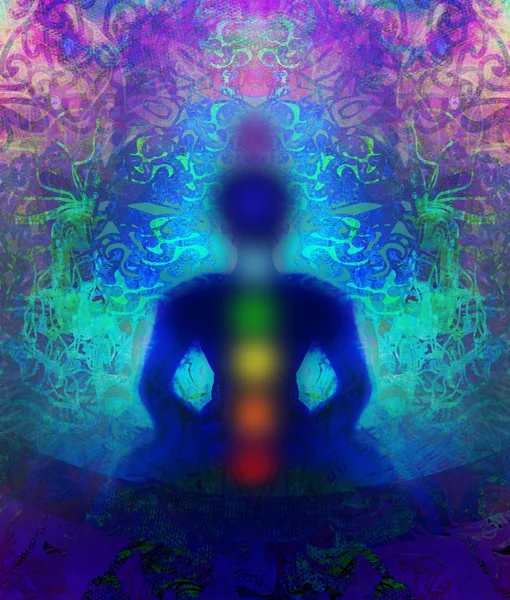 Yoga Lotus Pose. Padmasana mit farbigen Chakra-Punkten. — Stockfoto