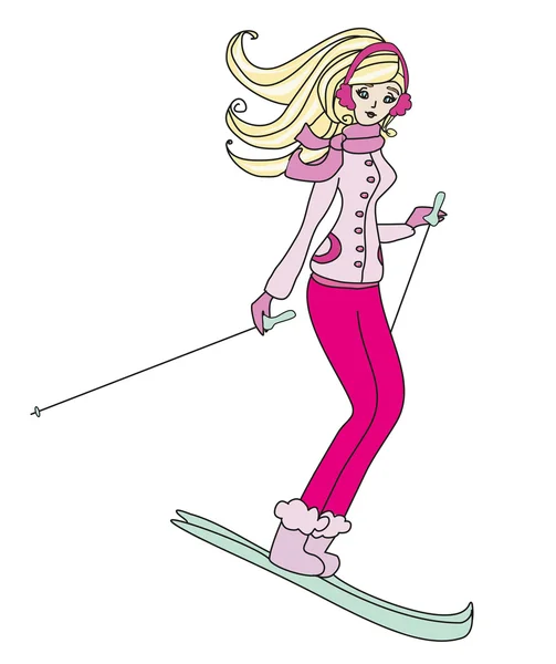Fille ski sur fond blanc — Image vectorielle