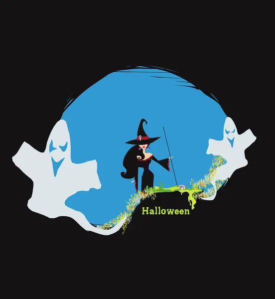 Halloween Heks Bereidt Toverdrank Kaart — Stockvector