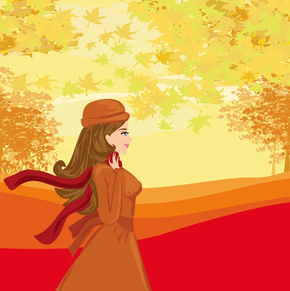 Femme Avec Chapeau Automne Paysage — Image vectorielle