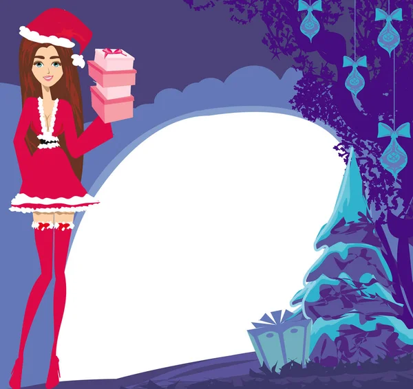 Hermosa Chica Pin Traje Inspirado Navidad Marco Con Paisaje Invierno — Vector de stock