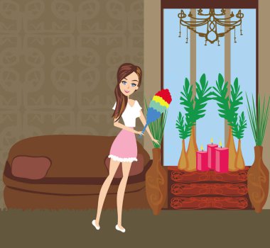 Zarif bir odada fırça tutan hizmetçi.