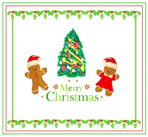 Karácsonyi Üdvözlőlap Mézeskalács Díszítő Karácsonyfa — Stock Vector