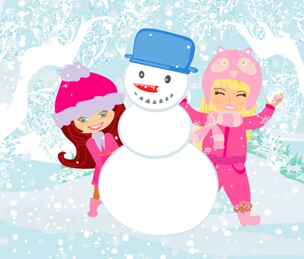 Meninas Felizes Fazer Boneco Neve — Vetor de Stock