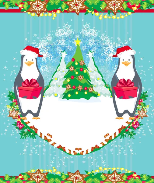 Pingüinos Disfrazados Santa Con Regalo Divertida Tarjeta Navidad — Vector de stock