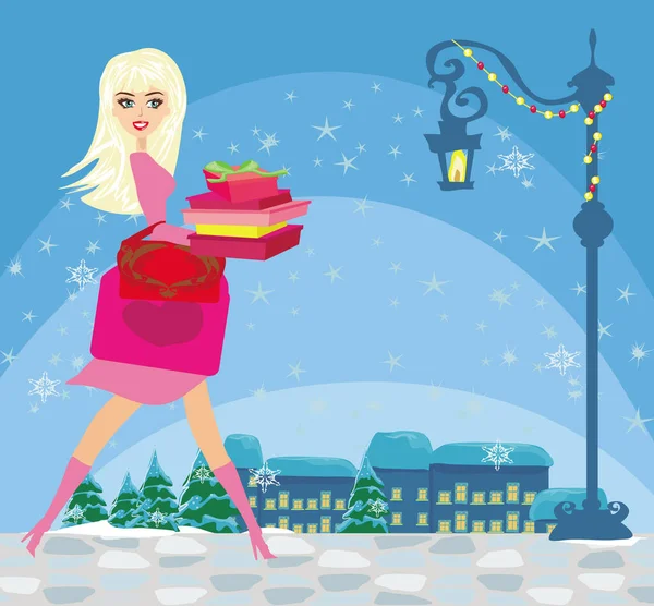 Hermosa Chica Las Compras Navidad Tarjeta — Vector de stock