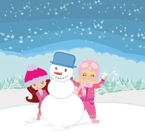 Niñas Felices Hacen Muñeco Nieve — Vector de stock