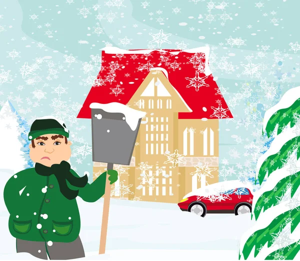 Sad Man Shoveling Snow Front His House — Stock Vector