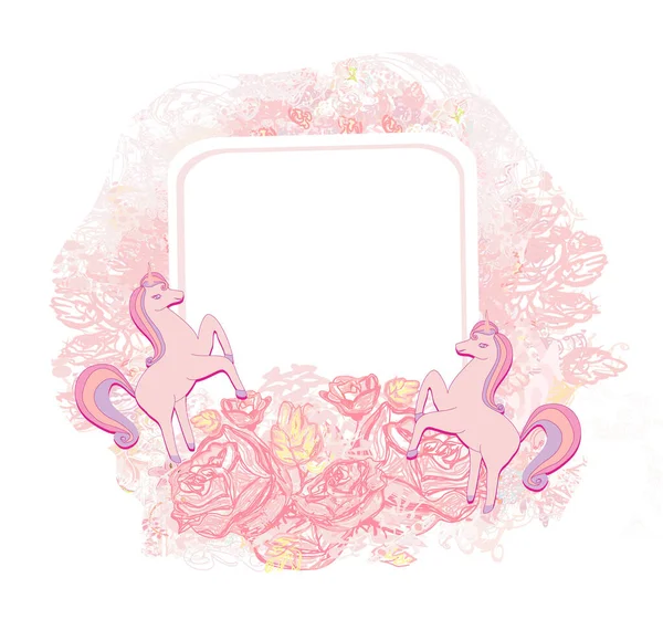 Decorative Flower Frame Beautiful Unicorns — Stock Vector