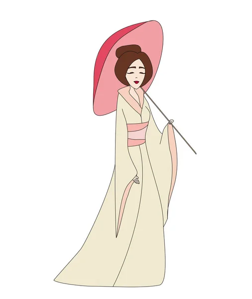 Beautiful Japanese Geisha Girl Kimono Doodle Illustration — ストックベクタ